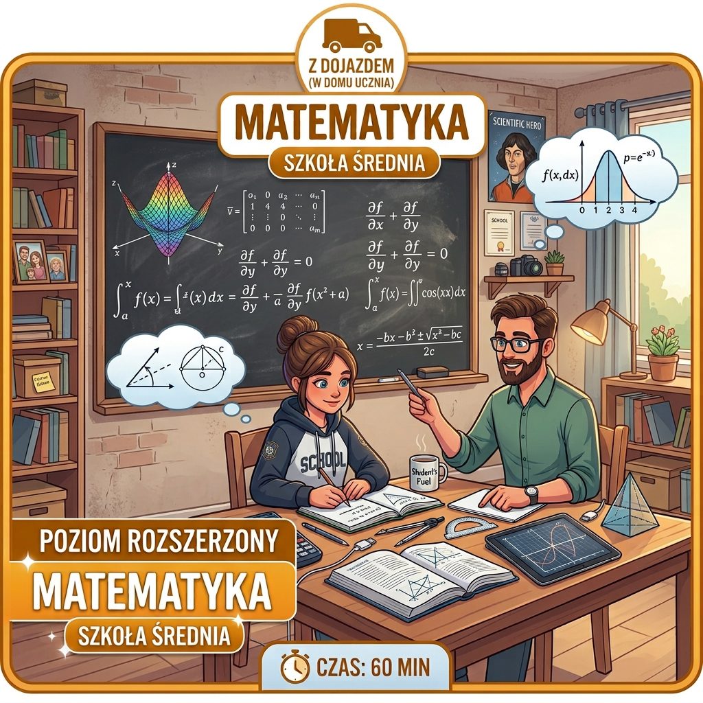 Korepetycje MATEMATYKA, stacjonarnie - z dojazdem, szkoła średnia, ROZSZERZENIE - 60 min