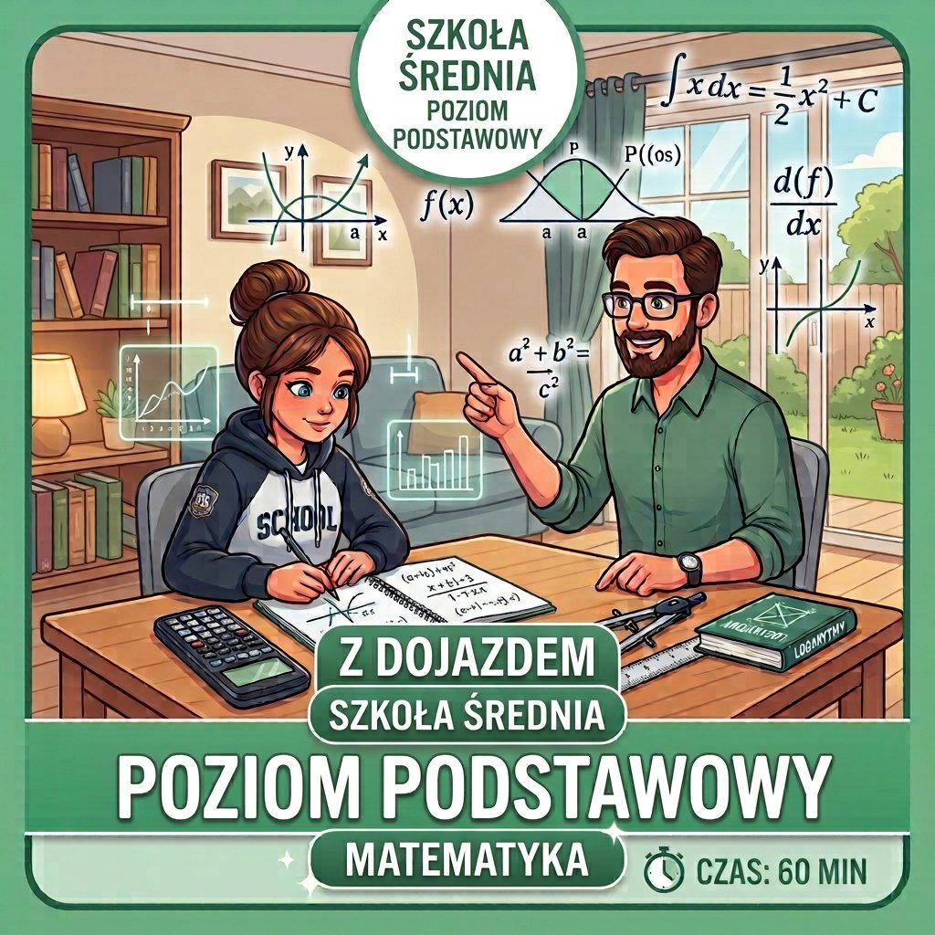 Korepetycje MATEMATYKA, stacjonarnie - z dojazdem, szkoła średnia, PODSTAWA - 60 min